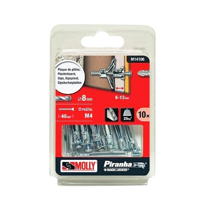 10 chevilles métal à expansion Ø4 x 33mm + vis M4 Ø4 x 40mm Molly